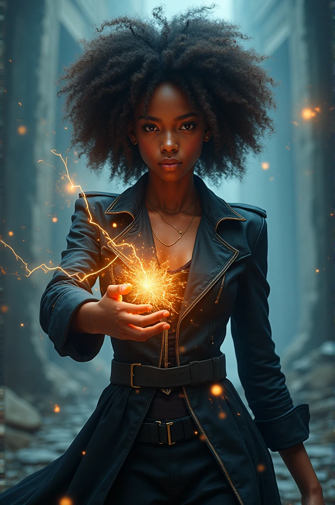 Young girl of 24 with afro hair , light skin with the powers of raven and klaus