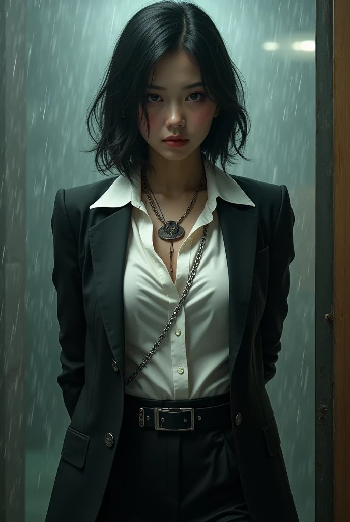 a woman in a suit, belt, hands behind back, sweating, suspenders, black pants, , large breasts, see-through clothing, rain, detective, office worker, white button-up shirt, (best quality,4K,8k,highres,masterpiece:1.2),ultra-detailed,(realistic,photorealistic,photo-realistic:1.37),hyper-detailed,highly detailed face and body, Slender　thin　suspenders　Moderate breasts　See-through shirt　Nipples　holster　chain　Pistol　Armament　criminal　Female criminal　knife　　beside顔　Japanese women　arrested handcuff A woman has her hands tied、put your hands behind your back、(((I clasped my hands behind my back))) beside顔　beside
