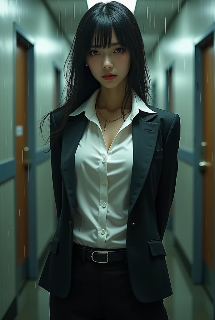 a woman in a suit, belt, hands behind back, sweating, suspenders, black pants, , large breasts, see-through clothing, rain, detective, office worker, white button-up shirt, (best quality,4K,8k,highres,masterpiece:1.2),ultra-detailed,(realistic,photorealistic,photo-realistic:1.37),hyper-detailed,highly detailed face and body, Slender　thin　suspenders　Moderate breasts　See-through shirt　Nipples　holster　chain　Pistol　Armament　criminal　Female criminal　knife　　beside顔　Japanese women　arrested handcuff A woman has her hands tied、put your hands behind your back、(((I clasped my hands behind my back))) beside顔　beside
