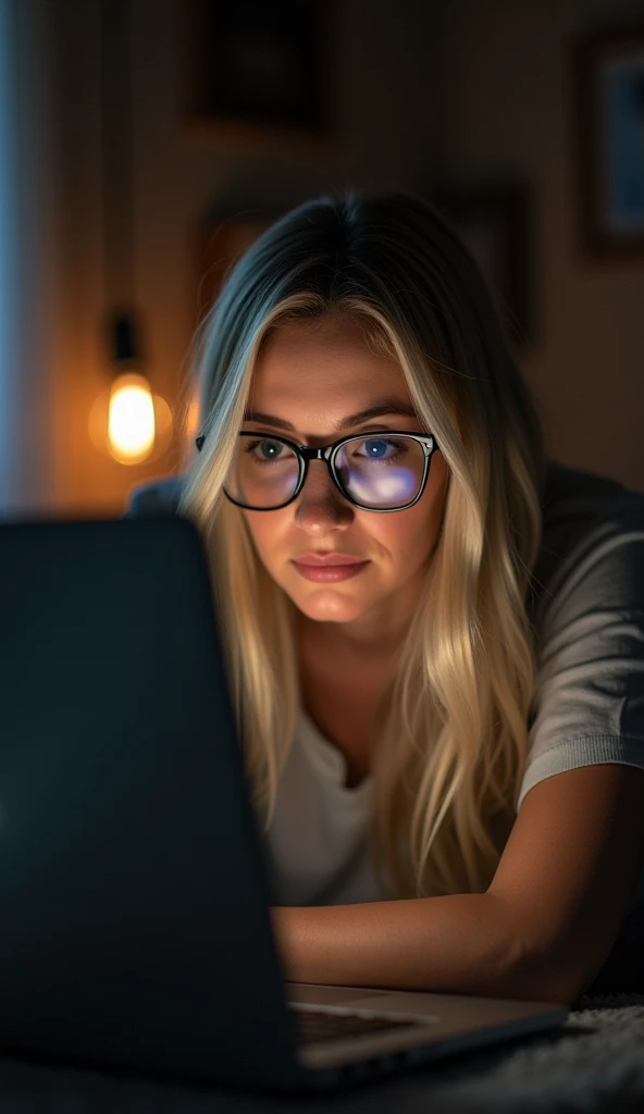 Color photo of a white American woman wearing glasses, working on a laptop at night, capturing her concentration in a dimly lit room, natural and realistic portrait, mobile photograph, camera settings: iPhone 12 Pro, VSCO Cam app, indoor lighting.