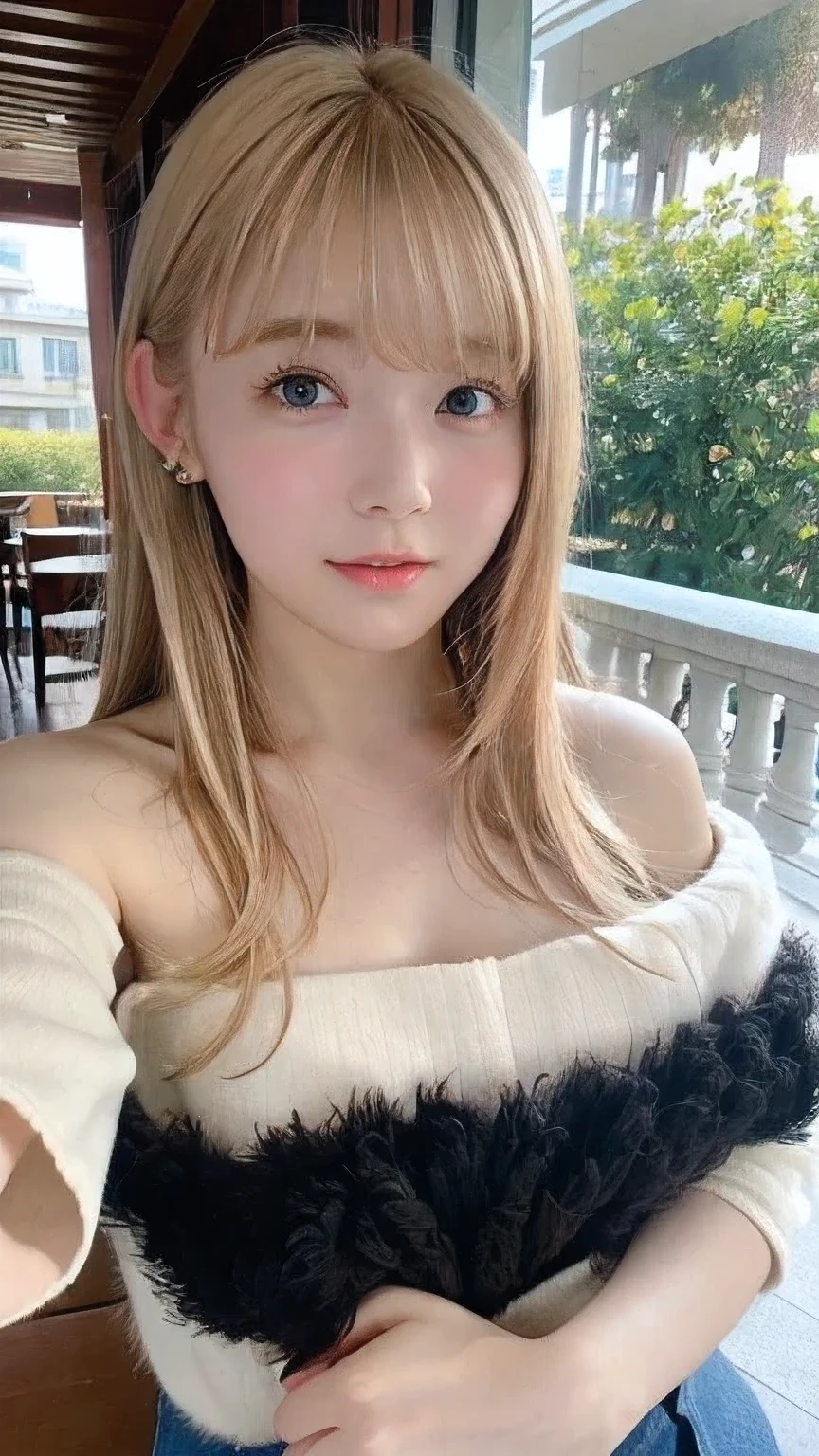 Selfie⦅bionde⦆(cute smile 1.6)looking at the camera、4K,Highest quality、Masterpiece、Close-up shot、cute、With bangs、Loose and fluffy hair、Highly detailed face and skin texture、Off-the-shoulder cropped T-shirt、mini skirt、Cafe Terrace、Drink Starbucks coffee