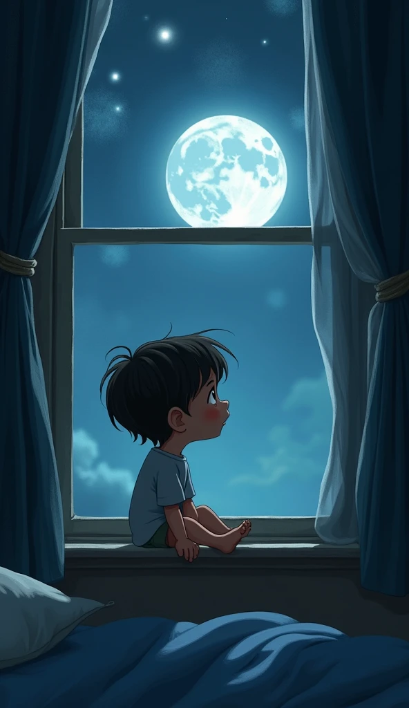 A close-up of a sad child sitting by a window, looking up at the sky. Luna spots the child and begins to glow a little brighter, directing her light towards Earth. animated Disney inspired 