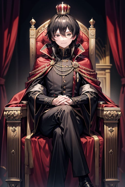 masterpiece, Highest quality, Very detailed, 16K, Ultra-high resolution, Perfect Fingers, Detailed face, One man, black eye, Black Hair, smile, Red Cape, Luxurious clothes, crown, royal palace, Sitting on the throne