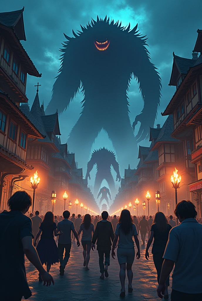 Background anime medieval fantasy city attacked by monsters in large numbers people panic animated people fear without a castle night of the torch