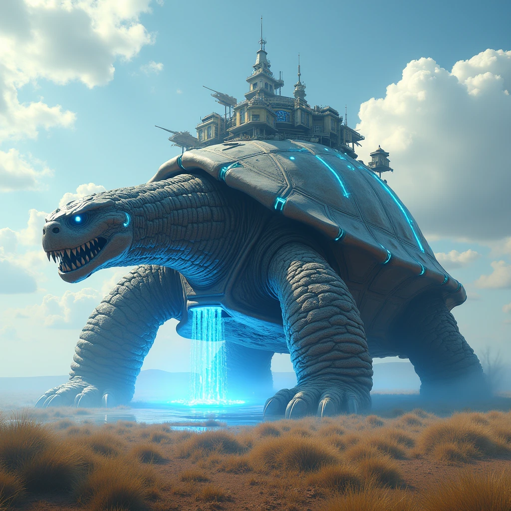 A giant dragon-like turtle, 3D Rendering, Ultra-fine detail, high quality, High resolution, 最high quality,Large photochemical barrier,A spherical barrier that covers the entire body of the turtle,AT Field,Electromagnetic Barrier,Blue Barrier、Distorting space,Geometric Shield,A barrier that covers the turtle and the entire base.,A barrier curtain in front of the turtle,Huge military base on a turtle's back