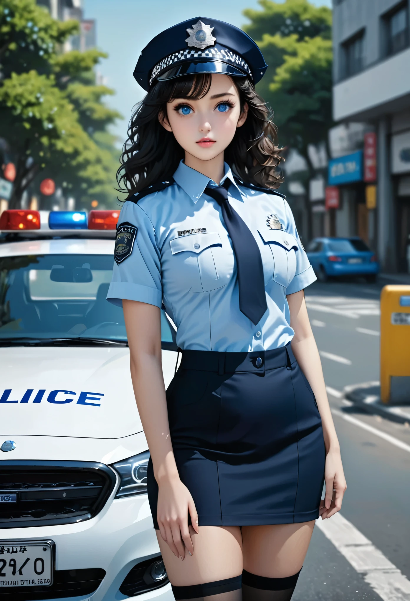 (masterpiece), best quality, expressive eyes, perfect face, policewoman, long hair, blue eyes, black hair, bare hips, medium breasts, parted bangs, short_pencil_skirt, knees, thighhighs, ((hyper detailed)), ((cowboy shot)), standing, 4k, detailed background, street, ((face focus)), (solo), (curly hair), forehead, police cap, police car, outdoors, arm at hip