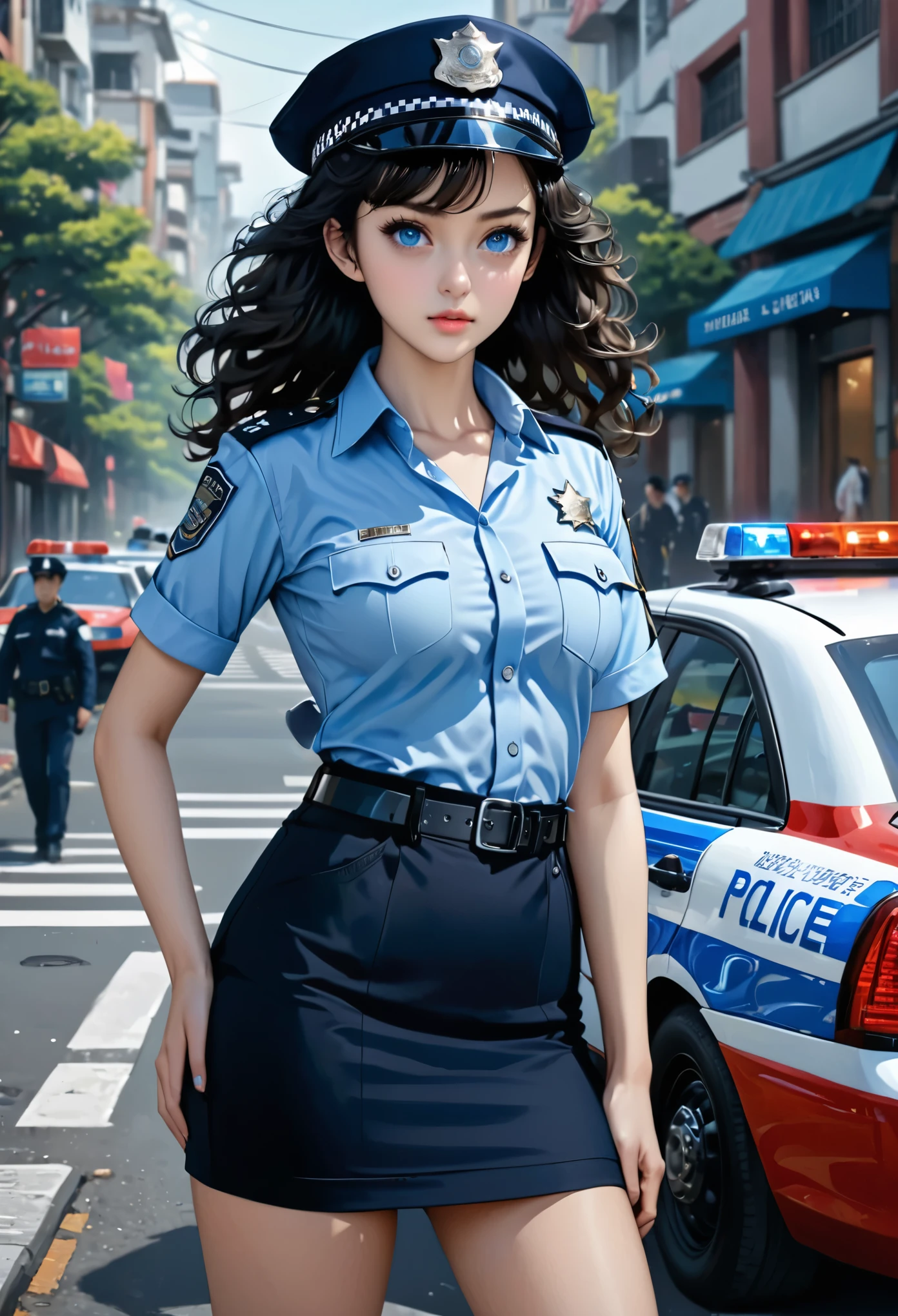 (masterpiece), best quality, expressive eyes, perfect face, policewoman, long hair, blue eyes, black hair, bare hips, medium breasts, parted bangs, short_pencil_skirt, knees, thighhighs, ((hyper detailed)), ((cowboy shot)), standing, 4k, detailed background, street, ((face focus)), (solo), (curly hair), forehead, police cap, police car, outdoors, arm at hip