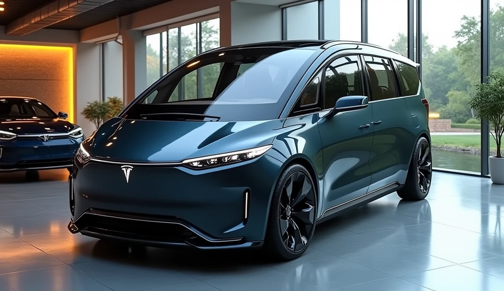 showroom park a ((MPV Van mixed with tesla)), with modern electric car design, double cabin, image luck like real and room note a luxury