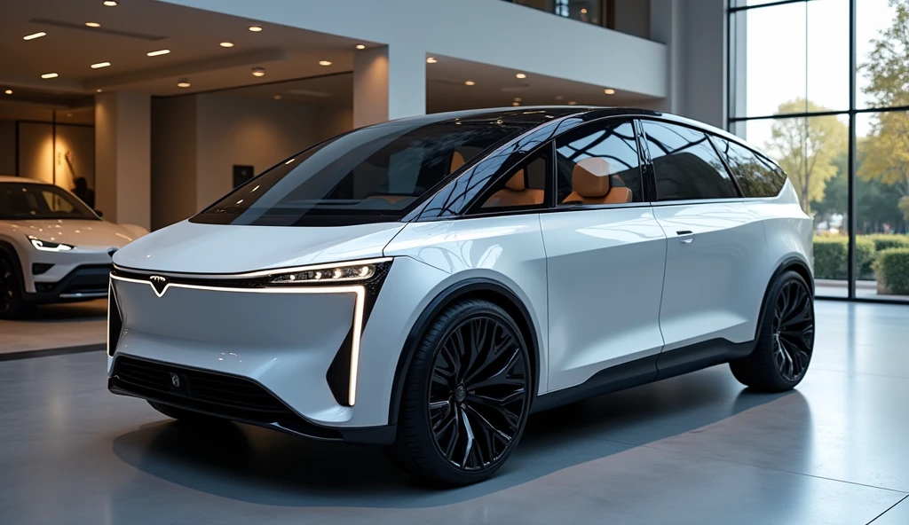 showroom park a ((MPV Van mixed with tesla)), with modern electric car design, double cabin, image luck like real and room note a luxury