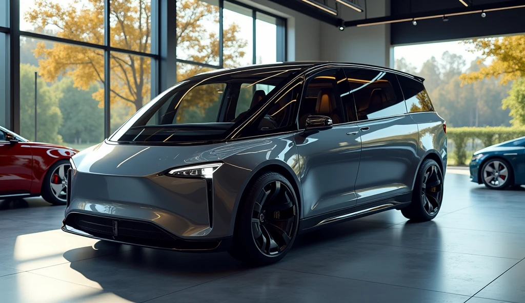 showroom park a ((MPV Van mixed with tesla)), with modern electric car design, double cabin, image luck like real and room note a luxury