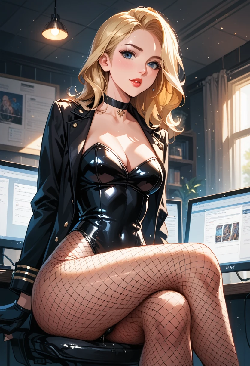 score_9, score_8_up, score_7_up, score_6_up, source_cartoon, cinematic film still, solo, 1girl, BREAK (Black_Canary_JLU, black fishnet_legwear, pantyhose, black leotard, black gloves, choker, black jacket, fishnet_bodysuit:1.3), (blonde_hair, long_hair:1.4), BREAK (dimly lit Watchtower control room:1.1), sitting, legs crossed, pussy juice, looking at computer monitors, BREAK, (cinematic lighting:1.2),, shallow depth of field, vignette, BREAK, highly detailed, high budget, bokeh, cinemascope, moody, epic, gorgeous, film grain, grainy, BREAK, (ultra-detailed), (best illustration), (best shadow), (absurdres), (detailed background), (very aesthetic), low angle.