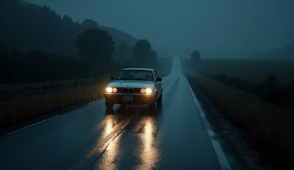 Car driving on a deserted country road in the middle of the night and it is raining