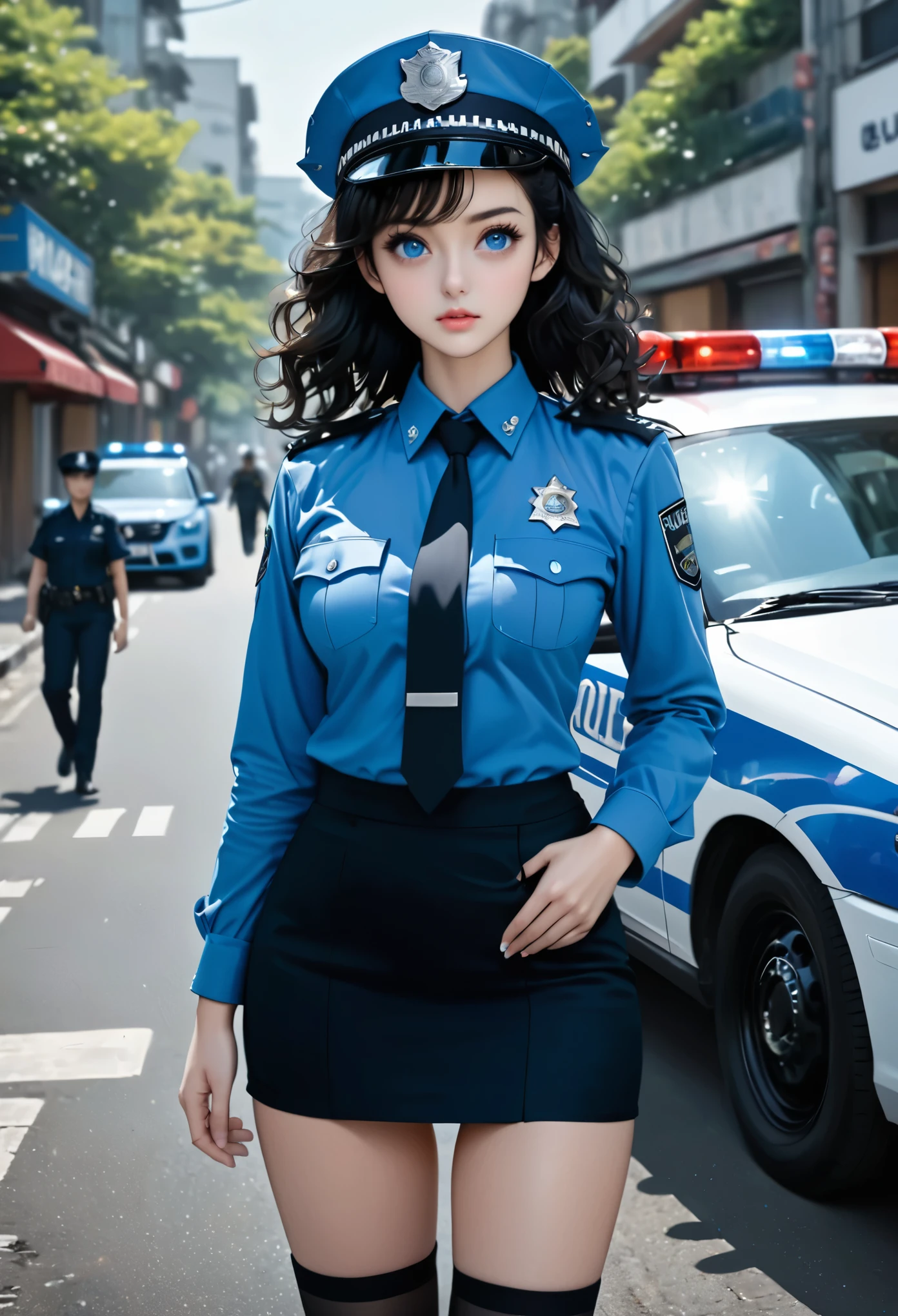 (masterpiece), best quality, expressive eyes, perfect face, policewoman, long hair, blue eyes, black hair, bare hips, medium breasts, parted bangs, short_pencil_skirt, knees, thighhighs, ((hyper detailed)), ((cowboy shot)), standing, 4k, detailed background, street, ((face focus)), (solo), (curly hair), forehead, police cap, police car, outdoors, arm at hip