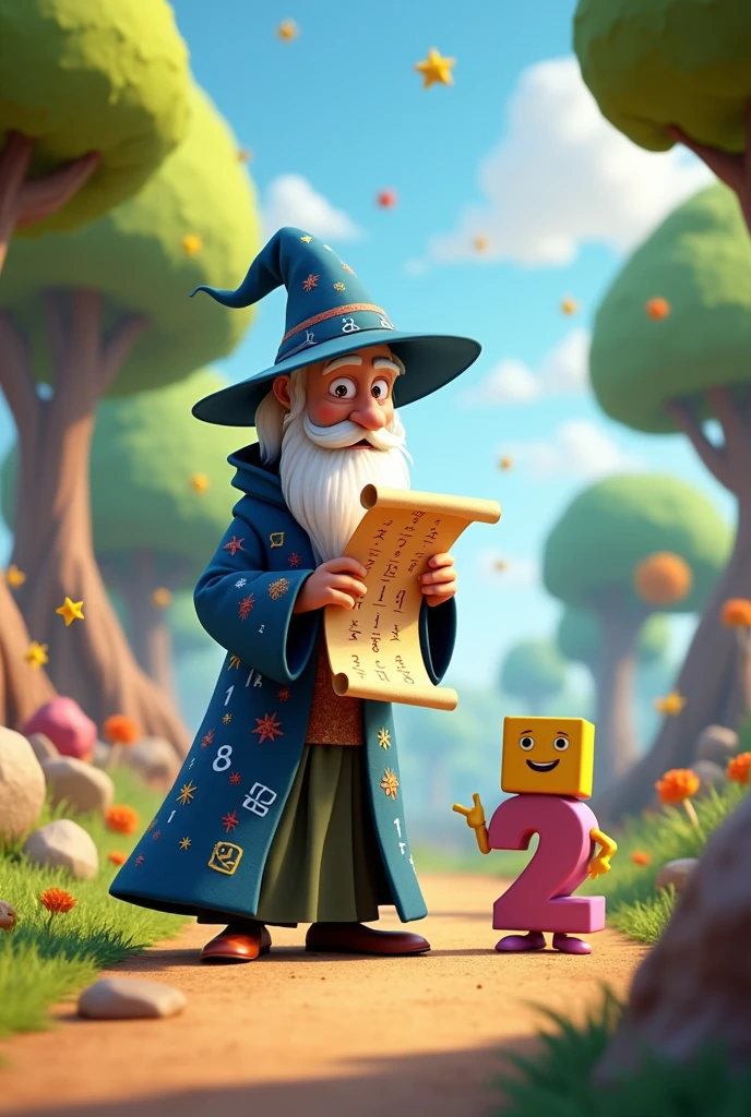 A bright and colorful PIXAR STYLE animation of a magical world, where a Wizard, a wise and playful character with a robe full of mathematical symbols, he is standing in a vibrant forest, holding a scroll with fractions written on it. A cheerful character made of numbers, stands beside him, eagerly looking at the scroll. A geometric character with a cubic head and spherical body, listens attentively. The environment is lively, with trees shaped like numbers and geometric shapes floating in the skY