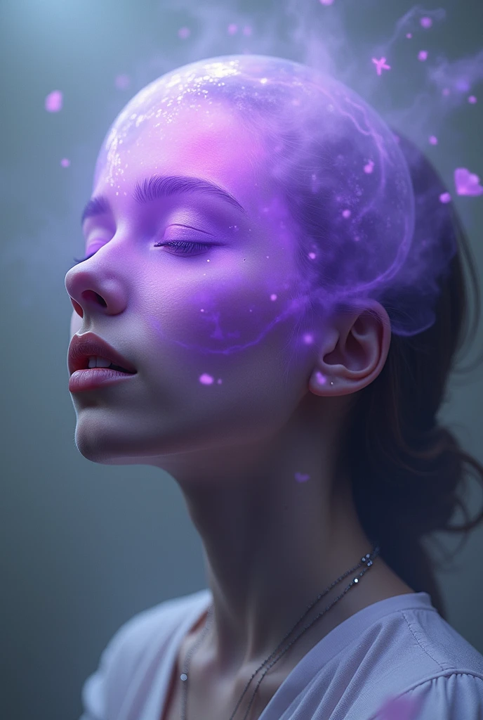 Woman's face being a flying purple ball