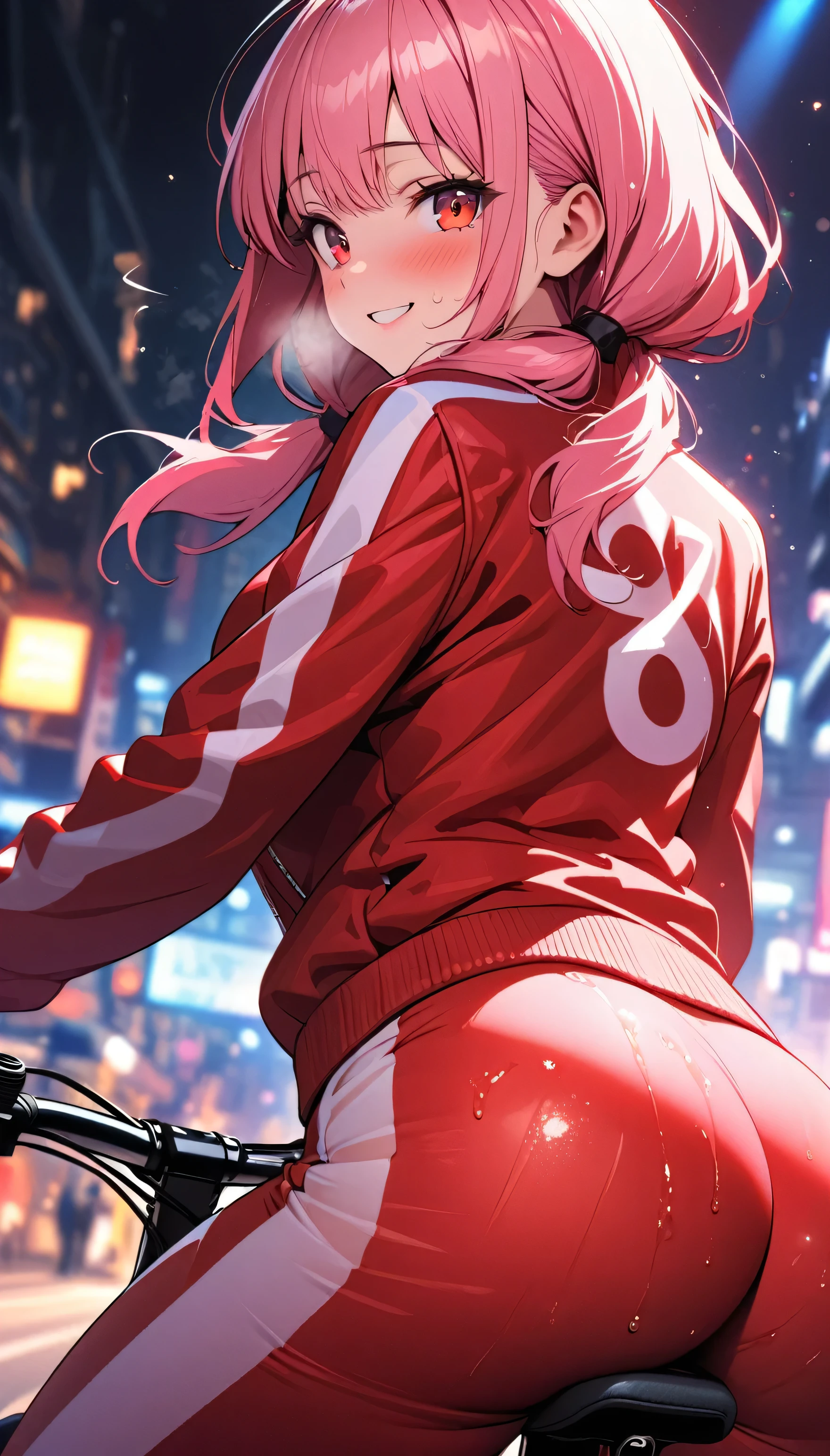 (beautiful girl: 1.3),1girl,masterpiece, Highest quality, Ultra-high resolution,rich contrast,super high quality,8k,Highly detailed CG unit wallpaper,texture,Incredibly absurd,Ultra-high resolution,RAW Photos,Depth of Field 1.2,Pink Hair, (low twintails),(Red sweatpants:1.3), (The jacket is a red track jacket.: 1.3),Ultra-detailed eyes,Red Eyes,(sensuous),Glowing Skin,blush,Sigh,((Sweat)),Wet,she is riding a bicycle,Ass close up,Big Ass,Light of the sun,smile,Glitter effect