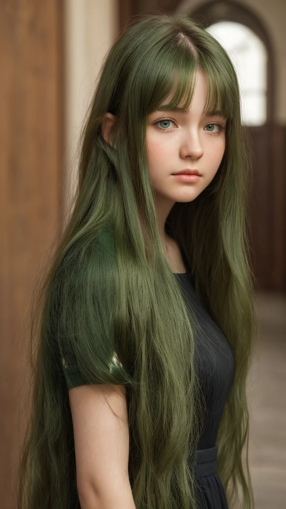 a girl.  Europe.  Extremely detailed face.  Oval face.  delicate facial features.  half-closed eyes.  long straight hair.  messy hair.  bangs.  green hair.  green eyes. gently