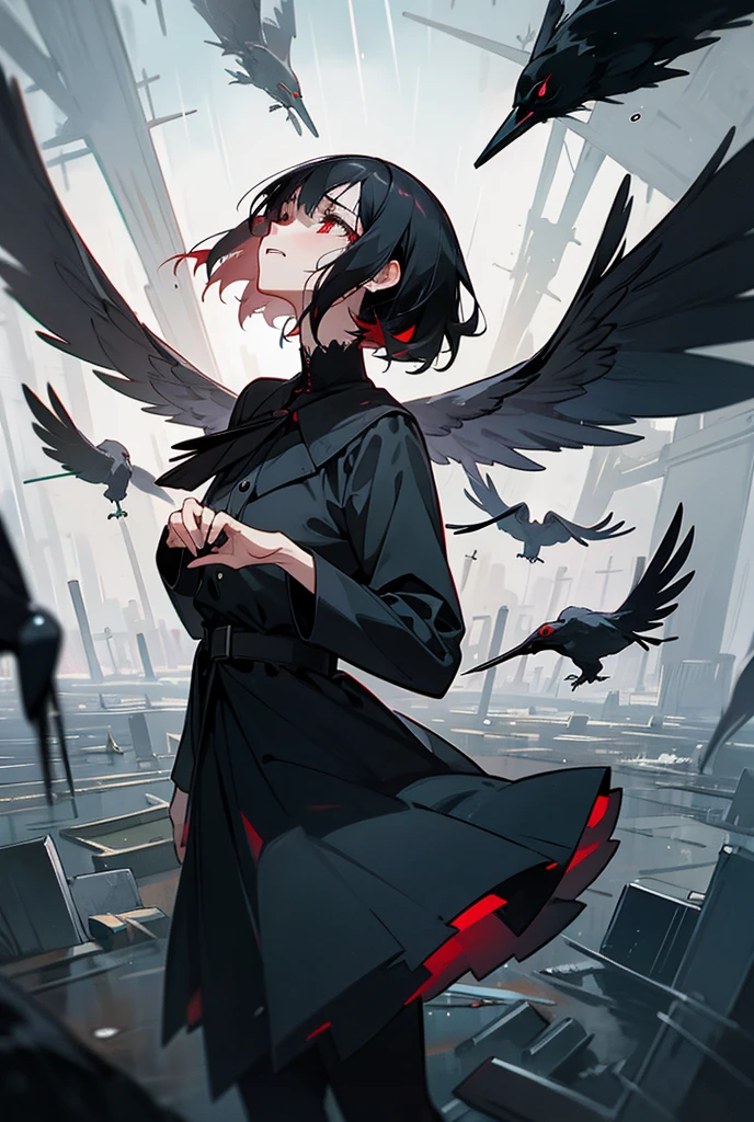 A woman with short black hair and red eyes crying, a flock of crows crying, opening their mouths, looking up, crying, rain, a canal floor graveyard, at night.