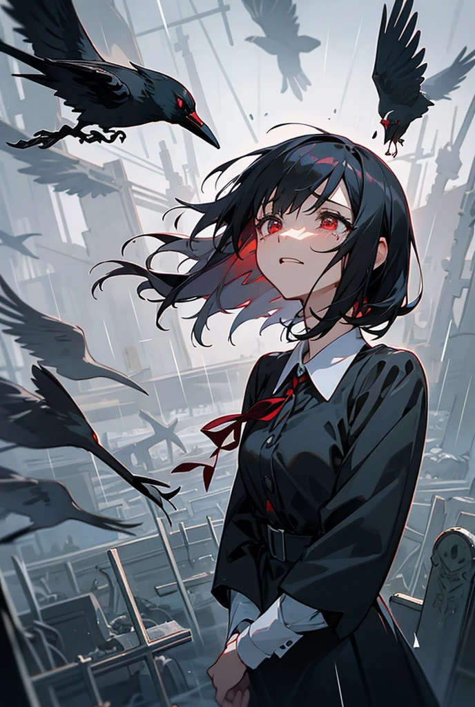 A woman with short black hair and red eyes crying, a flock of crows crying, opening their mouths, looking up, crying, rain, a canal floor graveyard, at night.