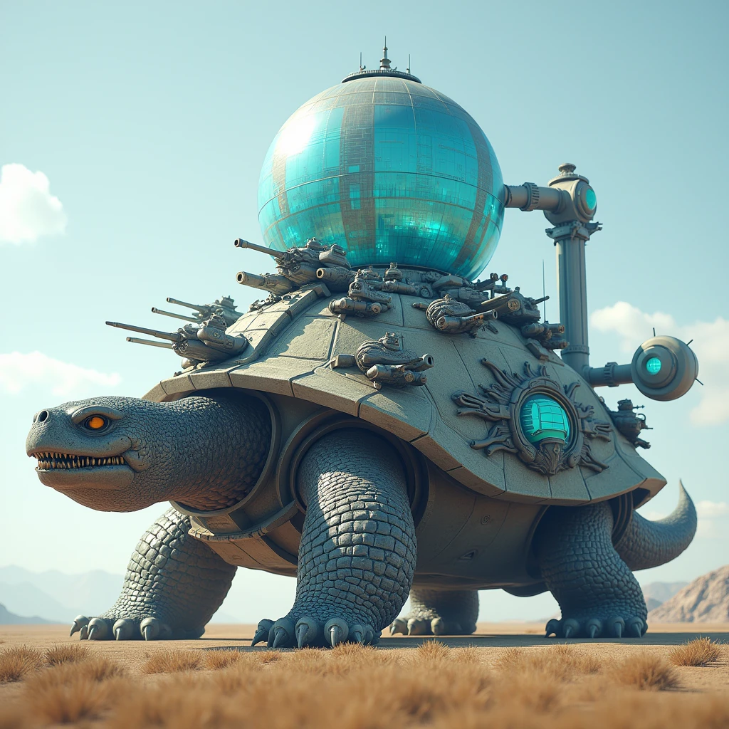 A giant dragon-like turtle, 3D Rendering, Ultra-fine detail, high quality, High resolution, 最high quality,Large photochemical barrier,A spherical barrier that covers the entire body of the turtle,AT Field,Electromagnetic Barrier,Blue Barrier、Distorting space,Geometric Shield,A barrier that covers the turtle and the entire base.,A barrier curtain in front of the turtle,Huge military base on a turtle shell