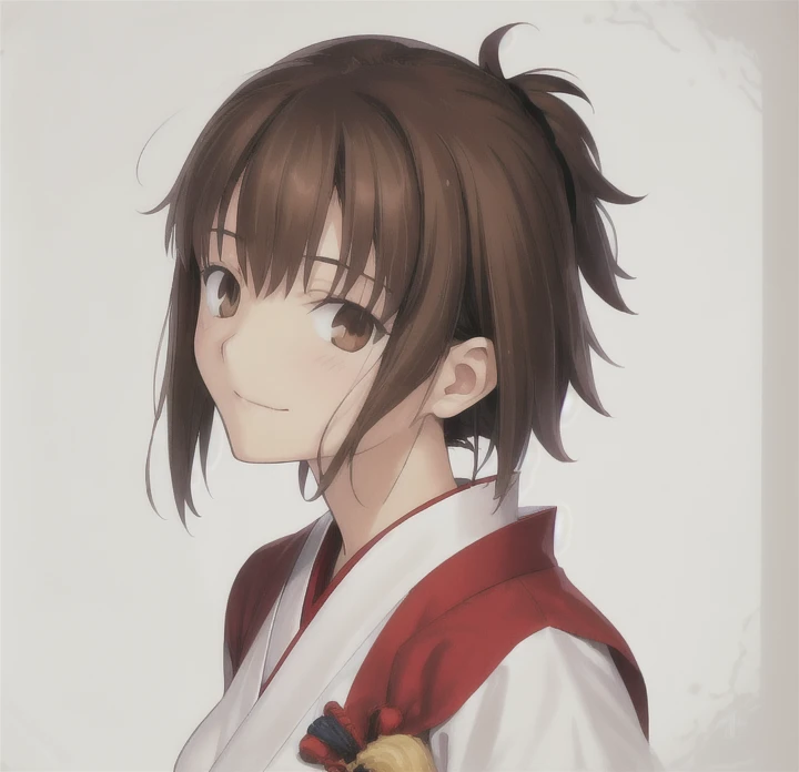 High resolution, Anatomically correct, Shortcuts, bangs, Brown Hair, Bedhead, Small breasts, smile, Background blur, Anime Style, Japanese illustration style,