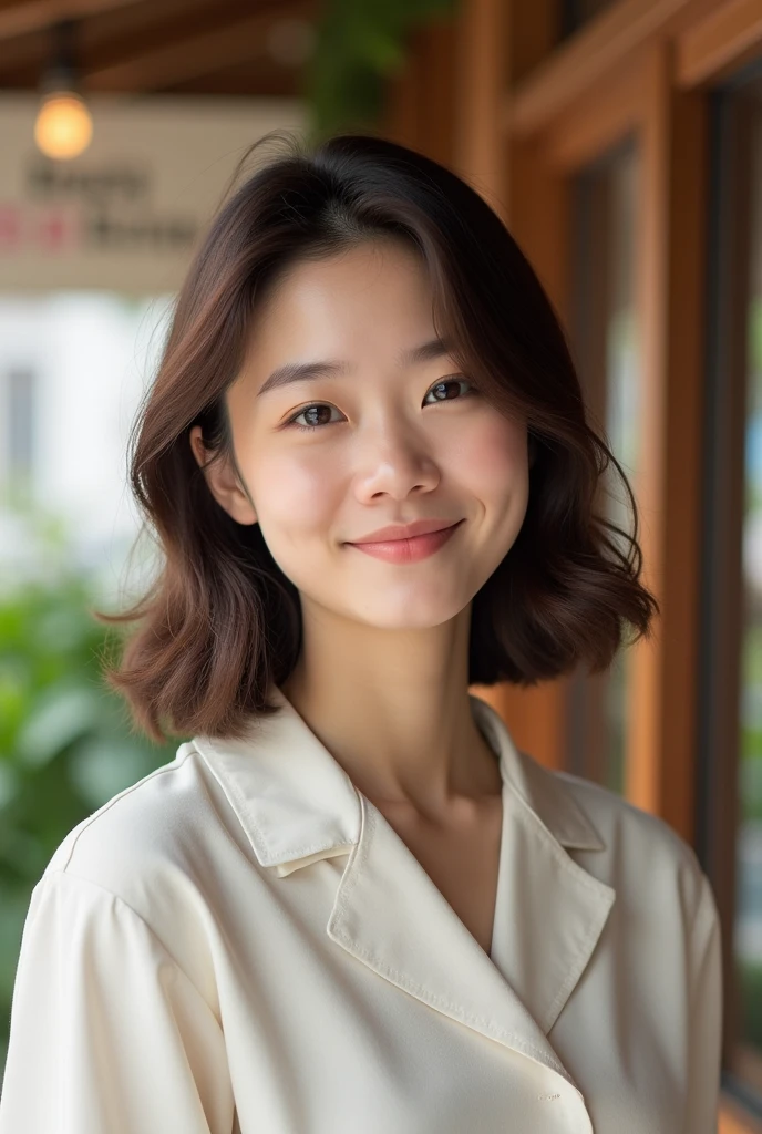 Age 35、woman brown hair 、cute 、Japanese　、Photo from the waist up　Natural atmosphere　Realistic photo of hair length under the chin　Return to the beauty salon　Outside view