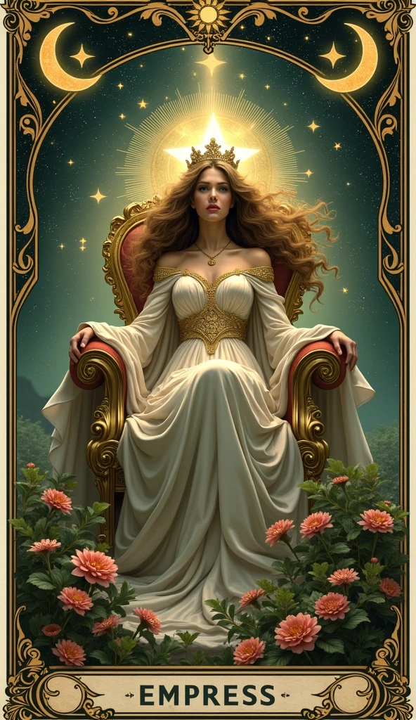 a highly detailed and accurate visual depiction of 'The Empress' tarot card. The scene centers on a regal woman seated on a golden, ornate throne, surrounded by lush, vibrant flora, symbolizing fertility and abundance. The Empress, with flowing, intricate hair, wears a white gown adorned with gold accents, exuding grace and authority. She is crowned with stars, signifying her divine power. A soft, ethereal light bathes her and the surrounding garden, casting delicate shadows. The background features celestial symbols, such as moons and stars, within an Art Nouveau-inspired frame, with intricate patterns and rich textures. At the bottom of the image, the words 'THE EMPRESS' are inscribed in bold, elegant lettering. The overall art style combines digital painting techniques with traditional brushwork, creating a harmonious blend of realism and fantasy, capturing the serene, nurturing atmosphere."