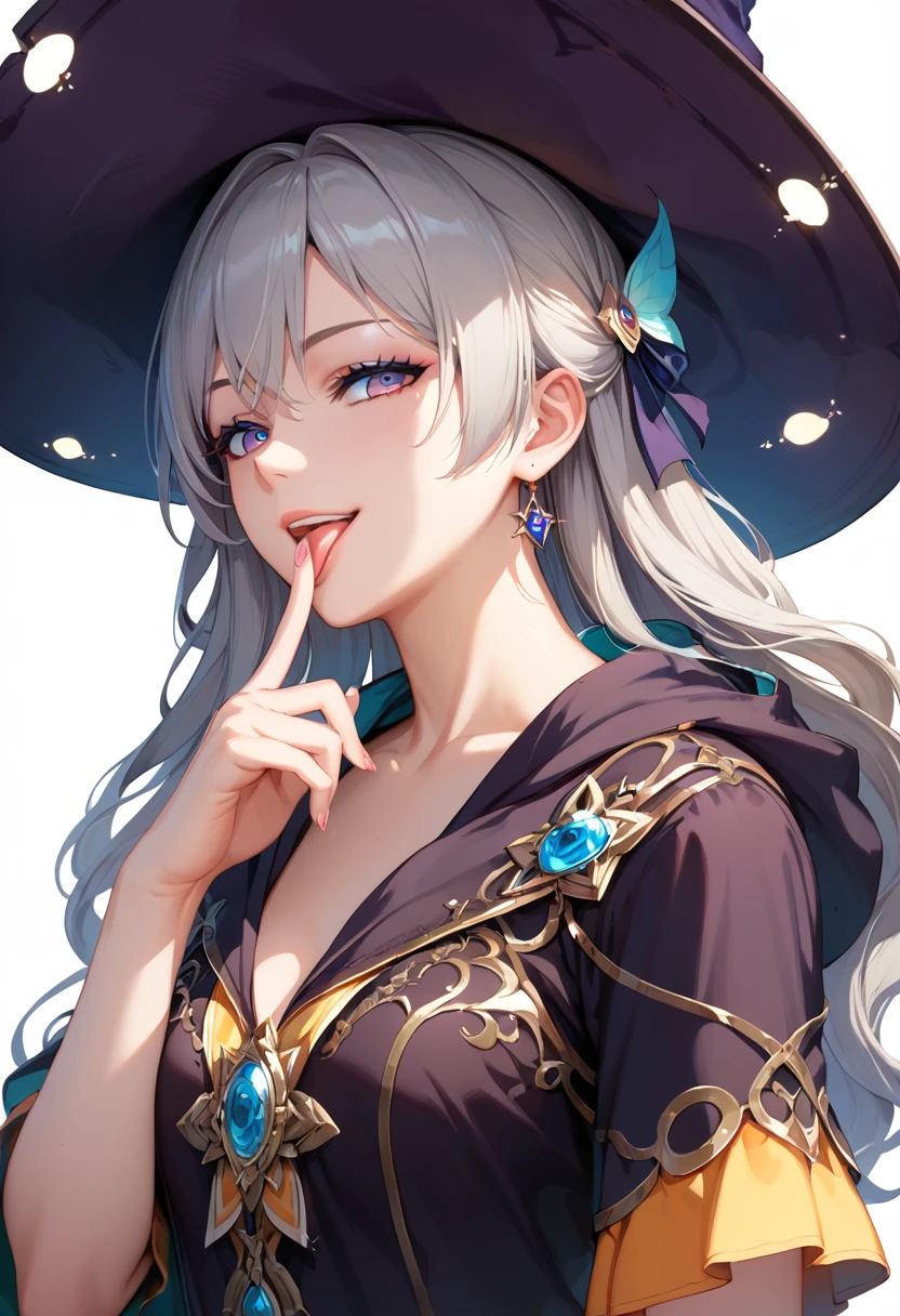 score_9, score_8_up,score_7_up, masterpiece, best quality, perfect anatomy, very aesthetic, 8k, 1 girl, Beautiful Stylish Outfit, sexy, Beautiful Colors, Clear drawing, masterpiece, beauty, elegance, makeup, full detailed, anime, anime style, grey hair, casual, suductive, hoodie, detailed, seductive smile, naughty face, licking finger, witch
