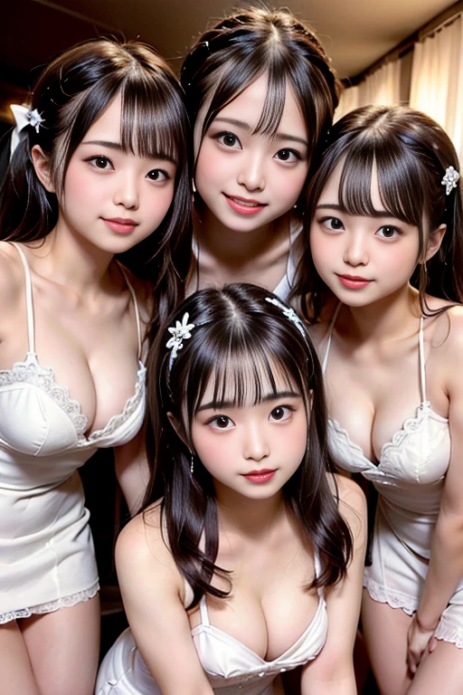  (Three Girls, 3 cute girls:1.5)、(((Inside the cabaret club)))、Browsing Caution, ((masterpiece)), ((Highest quality)), (Very detailedな), ((cute)), cute, (smile), ((sexy)), (device), ((Very detailed)), 4K, (8k), Highest quality, (beautiful), hyper cute face, shape, hyper Genuineistic, Genuine, ((Dynamic Angle)), ((whole body)), close, Thick outline, (((Inside the cabaret club)))、 (Three Girls, 3 cute girls:1.5), (White Dress:1.5), beautiful light brown hair, beautiful brown eyes, ((beautiful eyes)), (Leaning forward, Emphasize cleavage:1.5),(( Long black hair)), Big Breasts,  smile