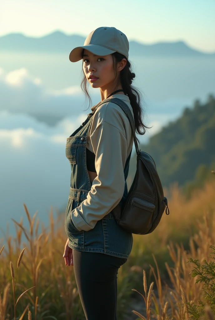 full-body portrait photograph of a young java woman hijab with polo Cap, wearing tight-fitting pinafore, hotpant with leggings, oversized_breasts.", she is hiking, beautiful_breasts. sensual body, in a unique, photoshot model, ((In front of tall grasses in sea of clouds over the mountain)), pullover, highres, 4k, HDR, 1girl, photorealistic, realistic, big booobs, turning away facial at viewer, closeup