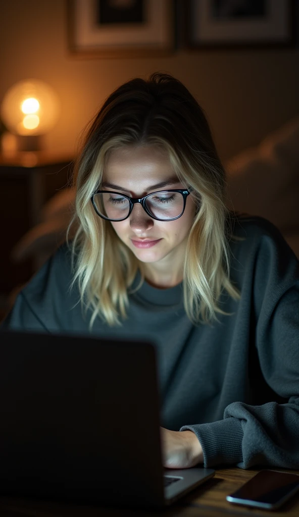 Color photo of a white American woman wearing glasses, working on a laptop at night, capturing her concentration in a dimly lit room, natural and realistic portrait, mobile photograph, camera settings: iPhone 12 Pro, VSCO Cam app, indoor lighting.