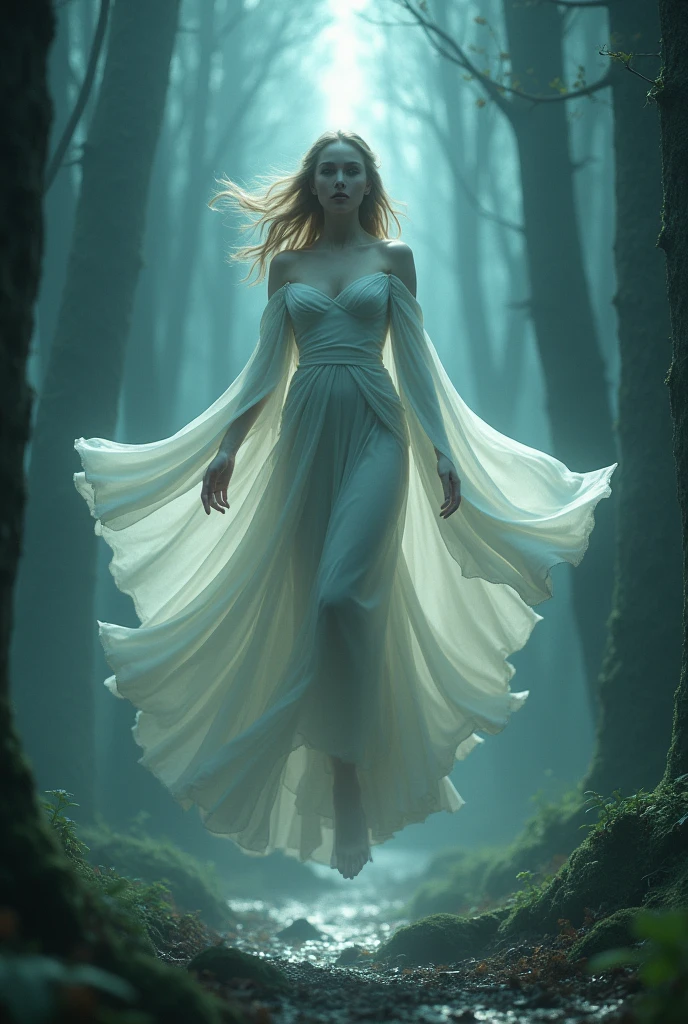 (Highest quality, 4K, 8k, High resolution, masterpiece: 1.2), Very detailed, Hauntingly beautiful, Powerful, mysteriousな, Majestic, mysterious, Fascinating, elegant,beauty, Charm,floating, The Shining, Fluttering Robe, Delicate and detailed features, Sharp Eye, Glowing Skin, On the bed, a The Shining tower, The vast Wald, divine beauty, Solemn atmosphere