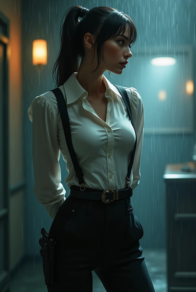a woman in a suit, belt, hands behind back, sweating, suspenders, black pants, sexly, large breasts, see-through clothing, rain, detective, office worker, white button-up shirt, (best quality,4K,8k,highres,masterpiece:1.2),ultra-detailed,(realistic,photorealistic,photo-realistic:1.37),hyper-detailed,highly detailed face and body, Slender　thin　suspenders　Moderate breasts　See-through shirt　Nipples　holster　chain　Pistol　Armament　criminal　Female criminal　knife　japanese　profile　Japanese women　arrested handcuff
