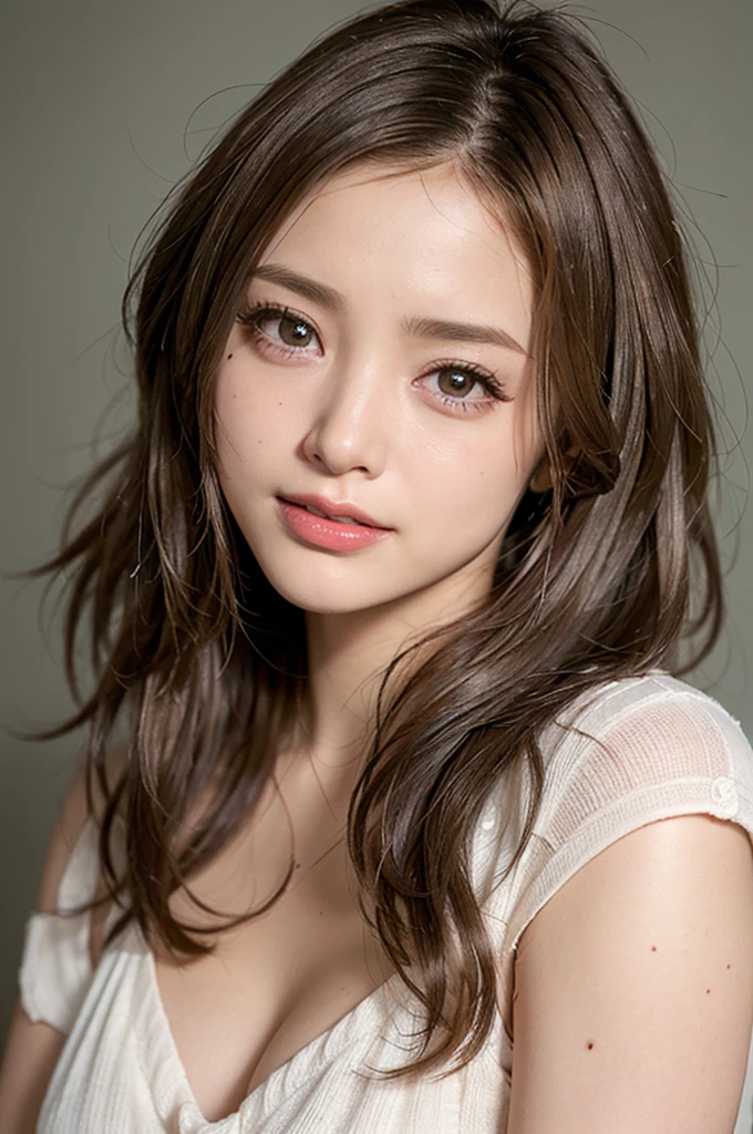(RAW Photos, Highest quality), (Realistic, photo-Realistic:1.3),Highest quality,Very detailed,masterpiece,Very detailed,figure,One girl,upper_body,Dynamic Angle,world masterpiece theater,Messy_length_hair,Highest quality,Very detailed CG ユニティ 8k 壁紙,ink,wonderful,Cinema Lighting,lens_Flare,,Dunhuang_style、(Light brown wavy hair:1.8)、White shirt:1.8、Spring-like colors、Ultra-high resolution face、超高解像度のhair、Ultra-high resolution sparkling eyes、Ultra high resolution glossy lips、The best smile:1.5、
