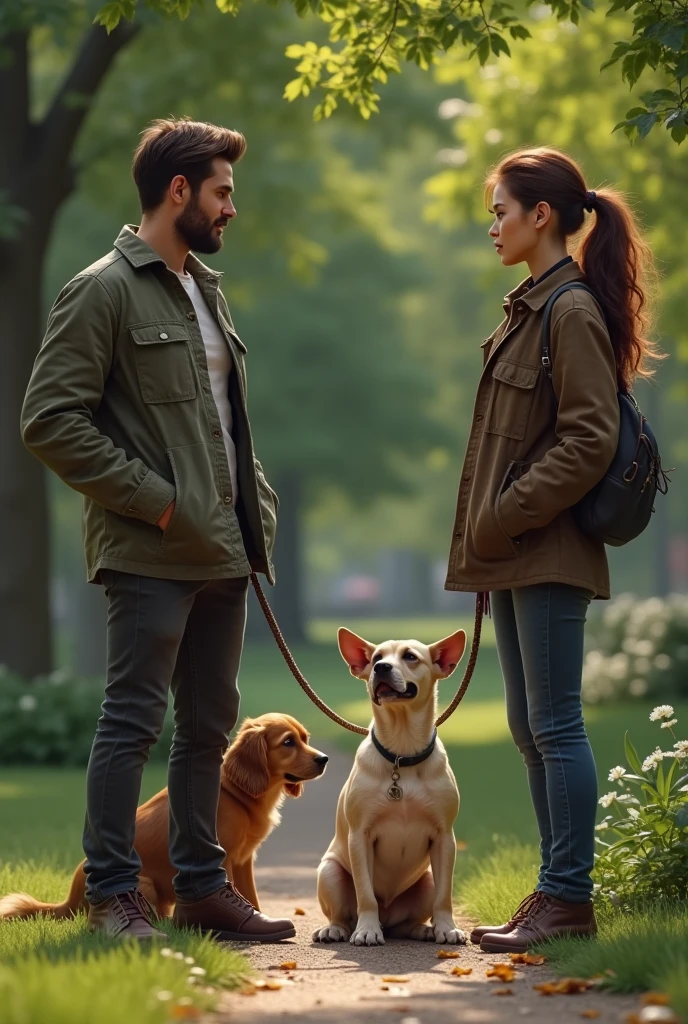 (photorealism:1.2), two men talking in the park, one accompanied by a dog, A sexy brown hair woman with high pigtails on all fours and with a leash accompanies the other man 
