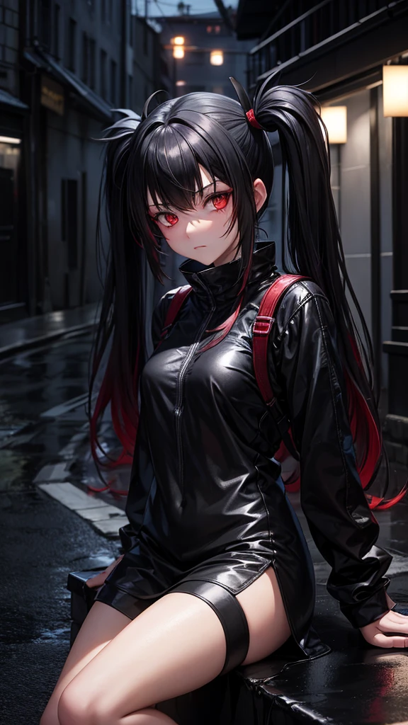 One girl, Red eyes, High-resolution model, Twin tails, Black Hair, Rainy night，Alley，Black mask on face，An evil look，Street clothes，