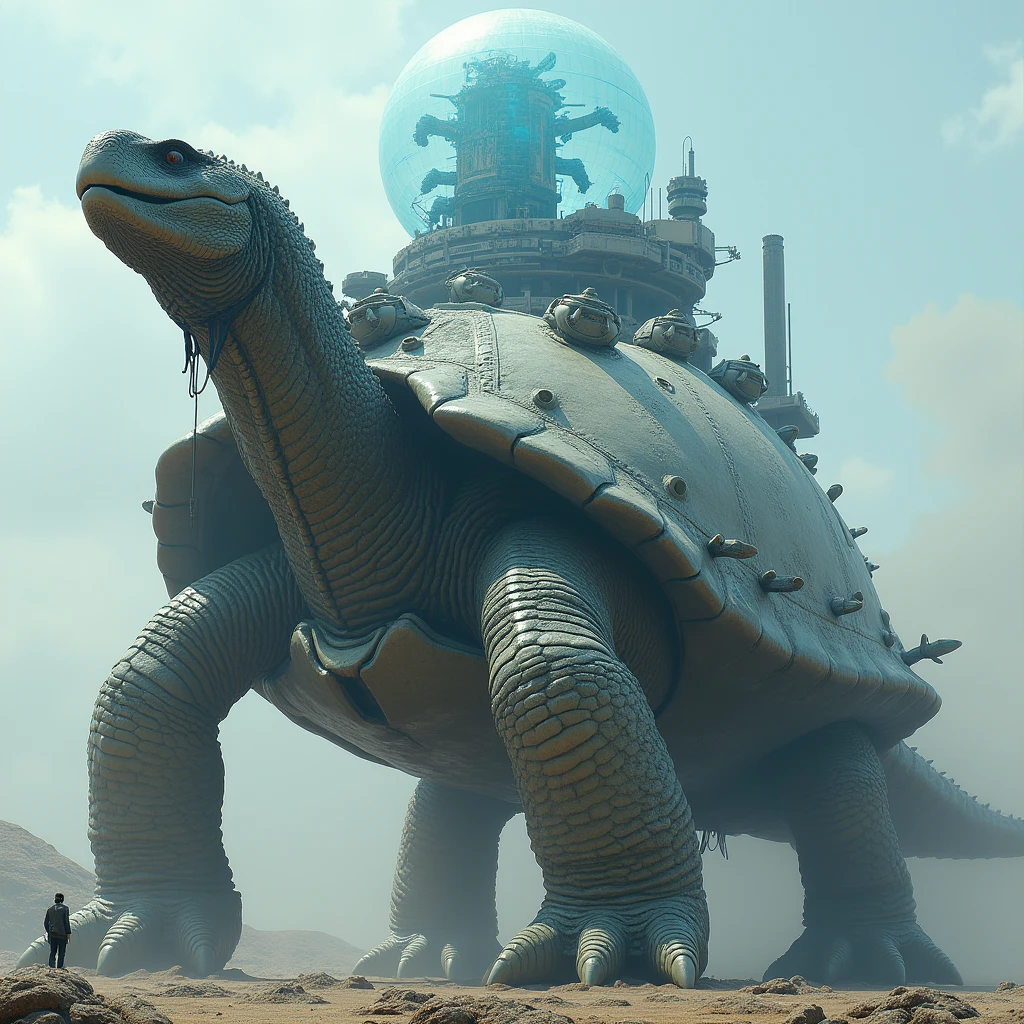 A giant dragon-like turtle,  3D Rendering, Ultra-fine detail, high quality, High resolution, 最high quality,Large photochemical barrier,A spherical barrier that covers the entire body of the turtle,Electromagnetic Barrier,Blue Barrier、Distorting space，Geometric Shield，Huge military base on a turtle shell,A barrier that covers the turtle and the entire base.