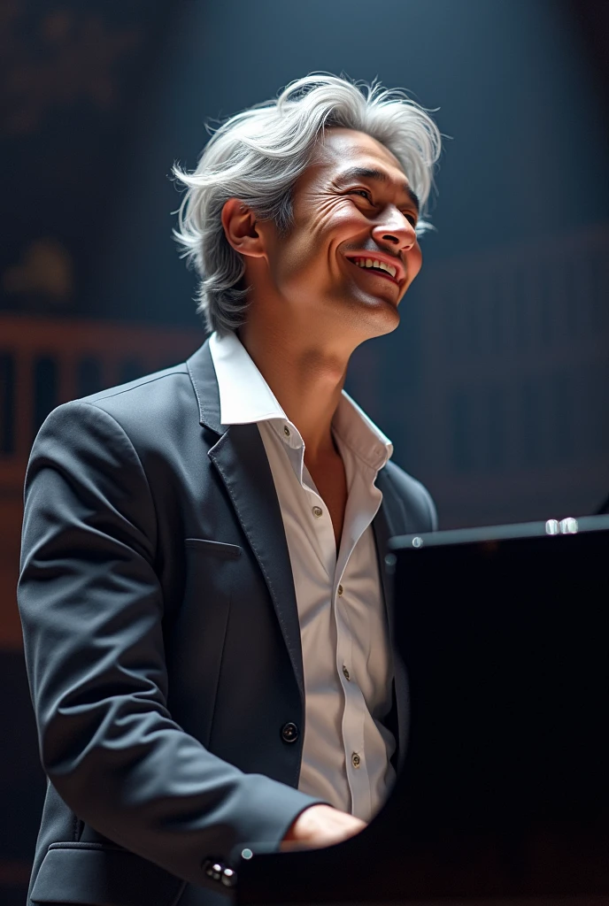 pianist Performing male 30th Generation Silver Hair Long Hair shirt Open-neck jacket Look up smile