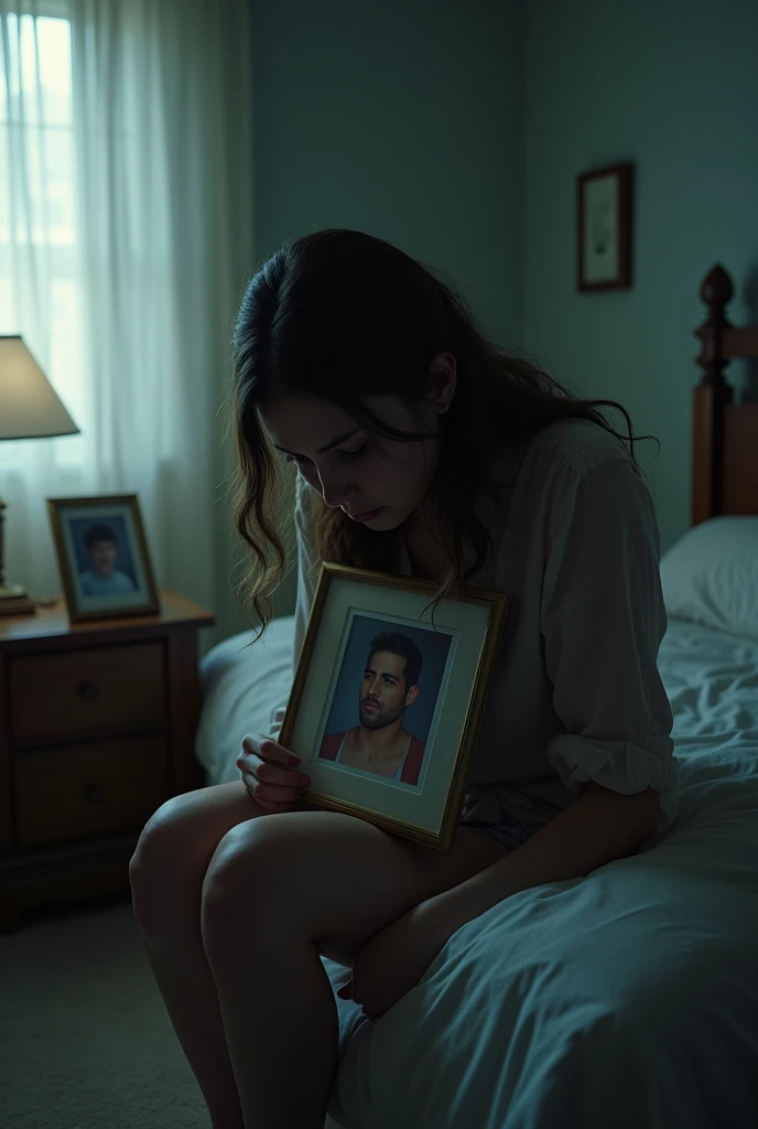 A woman cry on the bed with a photo of her husband