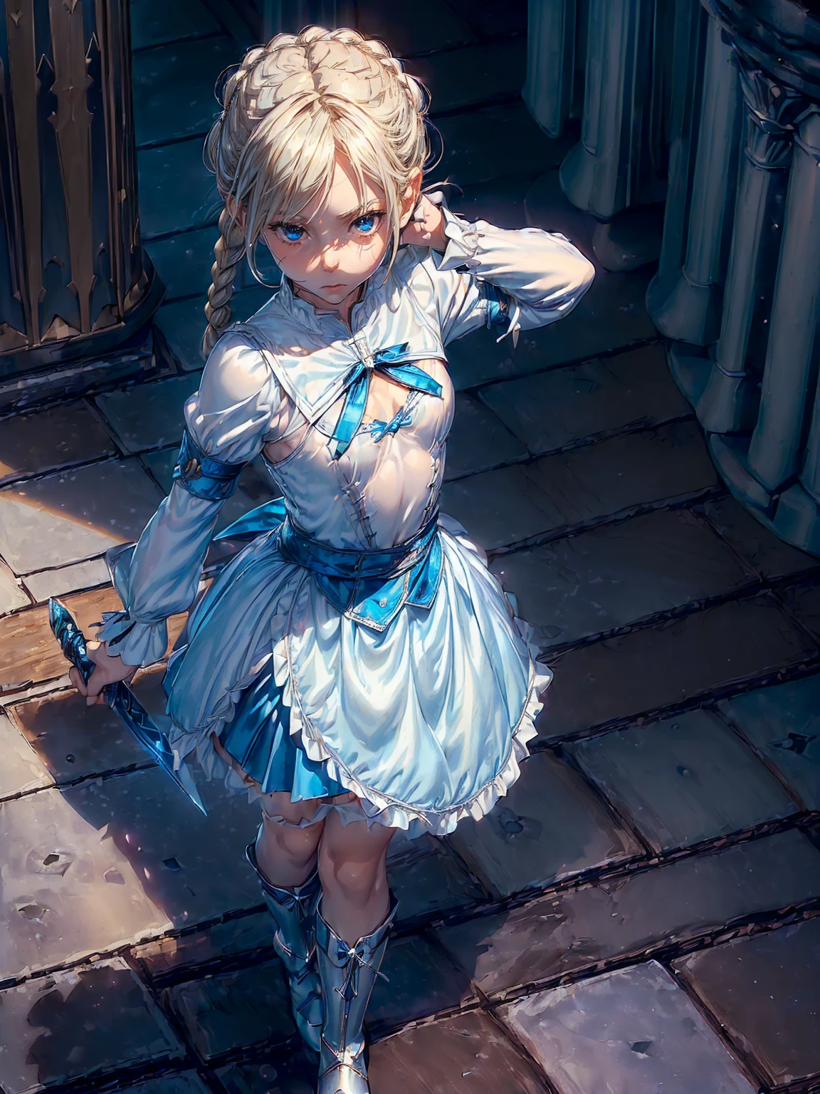 (((fantasy, cathedral:1.4))), (((midnight:1.4))), masterpiece, best quality, ultra-detailed, high resolution, extremely detailed cg, 8k, beautiful detailed eyes, depth of field, perfect anatomy, super detailed skin, cinematic lighting, dynamic lighting, anime picture, shiny hair and skin, detailed outfit, 【break】, ((cowboy shot, looking down , standing, zettai ryouiki,((A young girl swordsman, holding a sword in one hand, stylish poes:1.4)), (((a 1girl is , , little young girl age8, soro:1.6))), 【break】, ((afterglow)), (((blonde hair, Braided hair:1.3))), (beautiful detailed blue eyes), white-skinned, (((childt stature, child bodye, young face, cute face, small breasts, slim:1, wizard, ((Pure white silk, white blouse:1.3)), ((blue mini skirtt, blue mantle:1.4)), ((White knee-high stockings:1.2)), ((white short boots)), (( cleavage cutout, Breasf silver metal, lrmor of silver metal:1.2)),