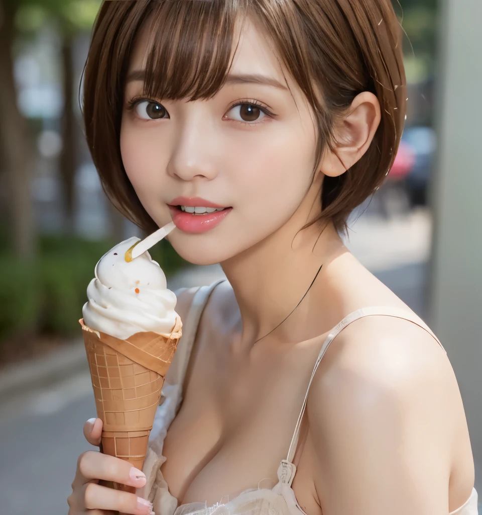 Browsing Caution、Highest quality、8k、masterpiece、Ultra-high resolution、クリアなphotograph、リアルなphotograph、Realistic、Professional Lighting、Natural light、photograph、(very cute、beautiful girl、The cutest Yoda Yuki)、(Very short hair:1.6)、Brown Hair、(Licking soft serve ice cream:1.2)、Apply cream to face:1.6、Apply white cream to cheeks:1.6、(Small breasts:1.2、Flat Chest:1.2)、(slouch)、(I can see her cleavage)