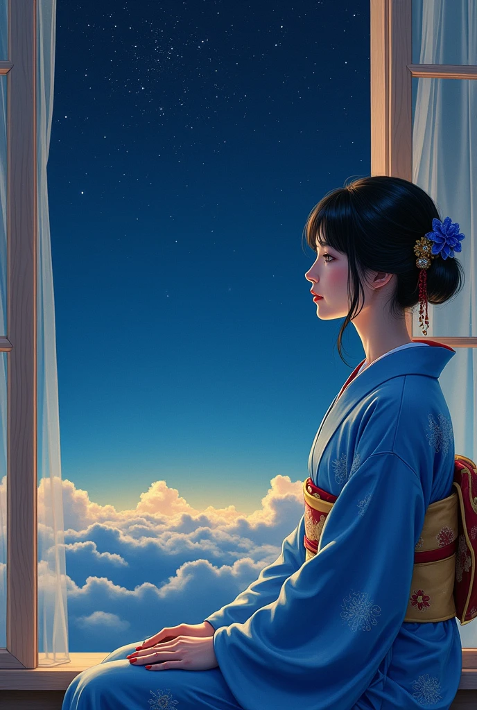 Beauty、Black Hair、kimono、A window overlooking the night sky、Sitting、青色のkimono、