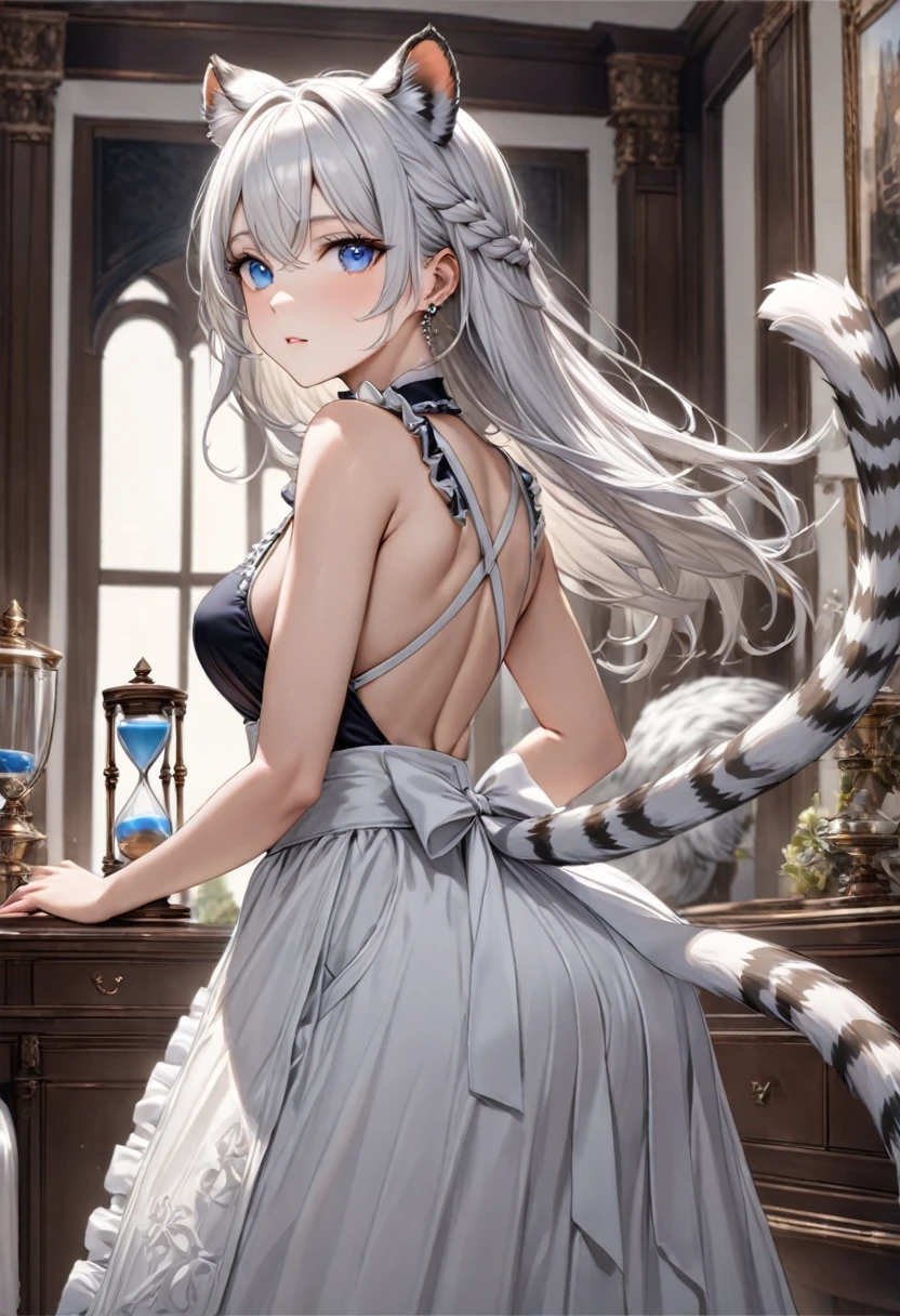 highest quality, ultra high resolution, super detailed, gorgeous, masterpiece, best quality, high resolution finely detailed, extremely beautiful, distinct image, hourglass figure, 1 girl, 2, soft and beautiful facial features, symmetrical face, simple sleeveless black frilly dress, white waist apron, piercing blue eyes, innocent doe shaped eyes, DD-cup breasts, tall height(190cm), slim and slender curvy body, athletic and flexible physiques, flowing snow-white hair, narrow waist, long legs, opulent bedroom background, snow-white skin, hip-level shot, snow-white feline tiger ears, white striped tiger tail protruding out her back, front-view,