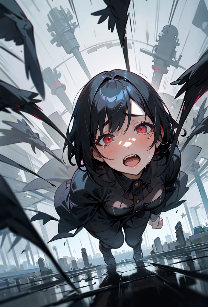 A woman with short black hair and red eyes crying, a flock of crows crying, opening their mouths, looking up, crying, rain, a canal floor graveyard, at night.,milf
