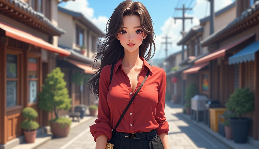 (best qualityer,A high resolution,Masterpiece artwork:1.3),a tall and beautiful woman,slendered abs,Dark brown hair styled in loose, wavy style,wearing a collar,Red buttoned shirt,tira obi,Black Skirt,Outdoor street,Beautifully rendered details in face and skin textures,detailedeyes,Double eyelid,Selfie angle,clutch bag。