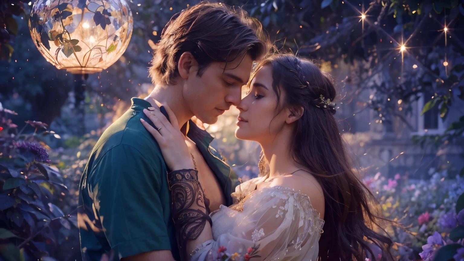 lovely couple, realistic, mystical, detailed face, intricate dress, lush garden background, warm lighting, cinematic composition, photorealistic, 8k, masterpiece, high quality, vibrant colors, dramatic lighting, romantic atmosphere