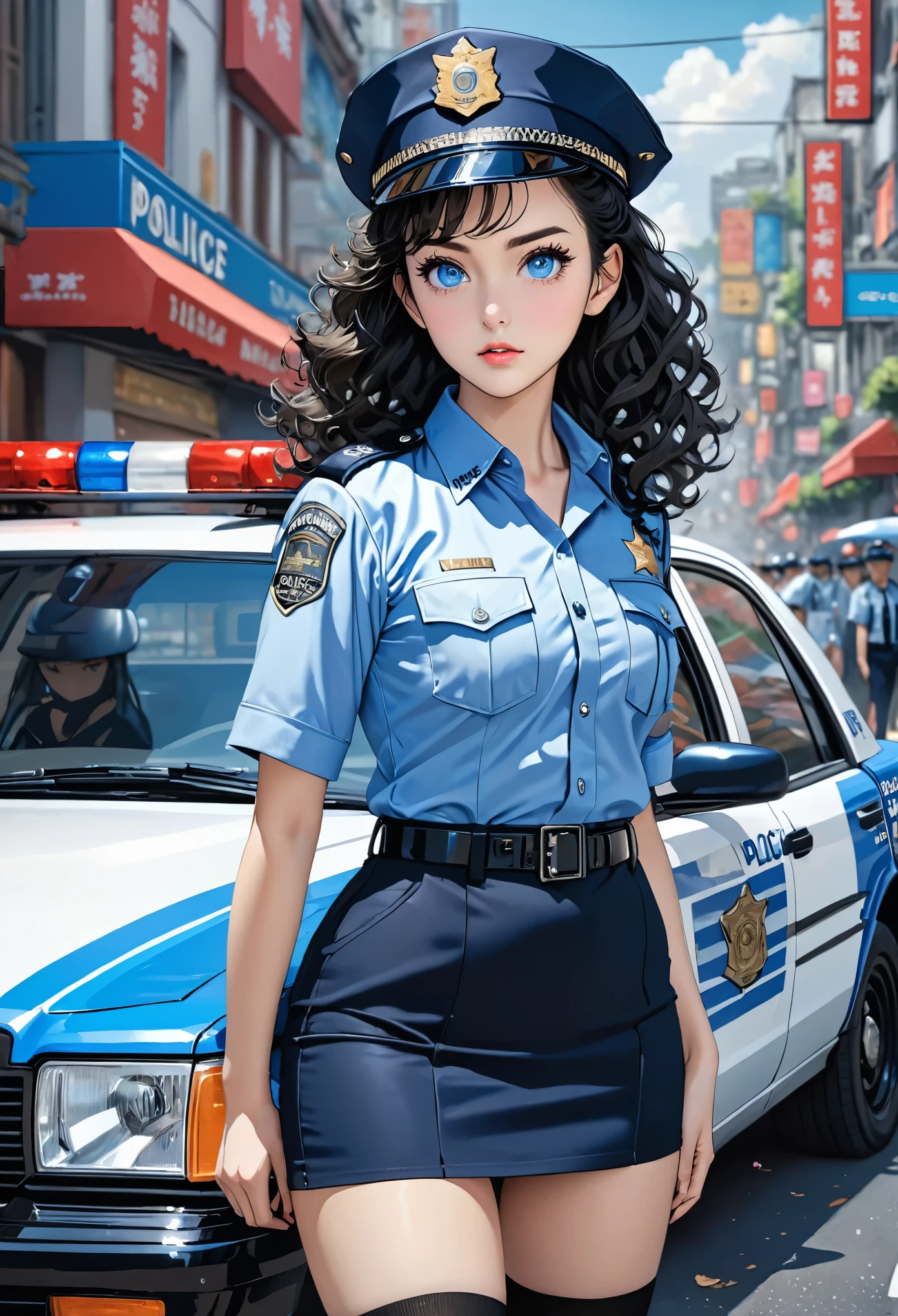(masterpiece), best quality, expressive eyes, perfect face, policewoman, long hair, blue eyes, black hair, bare hips, medium breasts, parted bangs, short_pencil_skirt, knees, thighhighs, ((hyper detailed)), ((cowboy shot)), standing, 4k, detailed background, street, ((face focus)), (solo), (curly hair), forehead, police cap, police car, outdoors, arm at hip