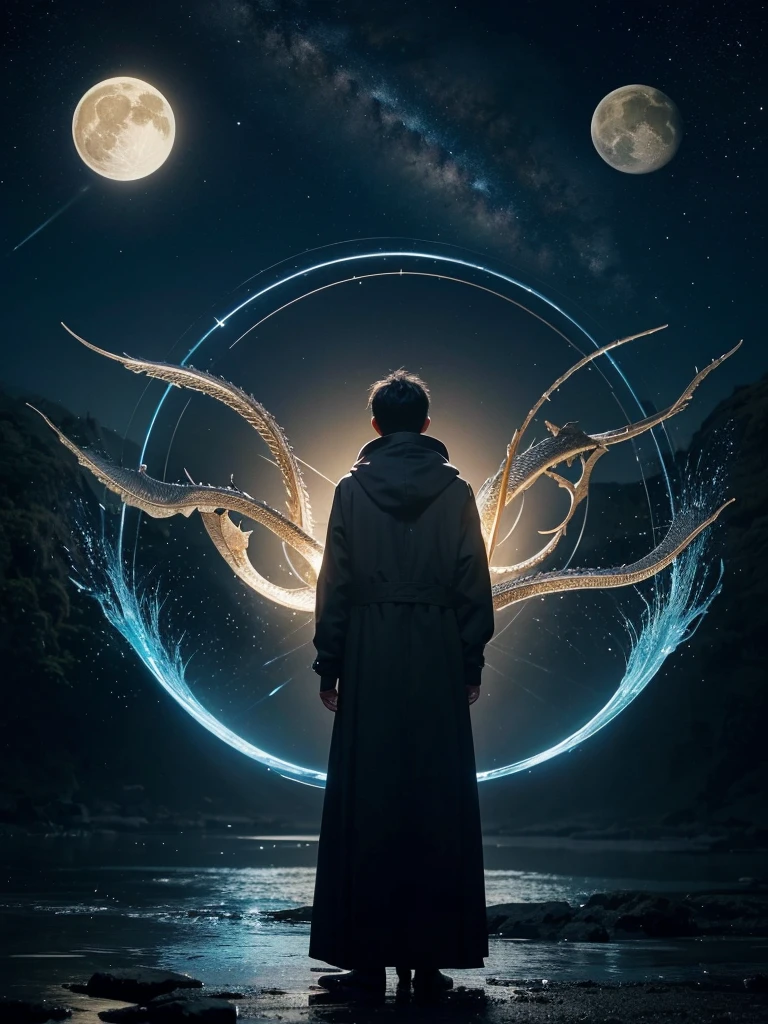 In the endless darkness,A young man stands in the center,Surrounded by countless mysterious symbols,These symbols seem to be the last words of an ancient civilization.,Mysterious and powerful。They may float in the air,Or engraved in the invisible,Spinning around the boy,Like the moon surrounded by stars,Each symbol emits a faint and strange light,Interwoven into a bizarre picture。
These symbols have different shapes,Some are like dragons and snakes,Some are arranged like stars,Their lights flicker in the night,Like the brightest star in the night sky,Guiding the unknown direction。In rotation,They seem to be telling ancient stories.,Every ray of light,Every turn,We are all a drop of water in the long river of time,Contains profound meaning。
The boy closed his eyes and concentrated,It seems to be communicating with these symbols spiritually.。He can feel,These symbols are not only a decoration,It connects the past and the future,The bridge between reality and fantasy。Around him,There's a strange energy in the air,It makes you feel as if you are in another time and space,A world full of magic and wonder。
This is a quiet and magical picture.,The boy and the mysterious symbols surrounding him together form a fascinating scene,Makes people daydream,Behind these symbols,What kind of stories and power are hidden?。