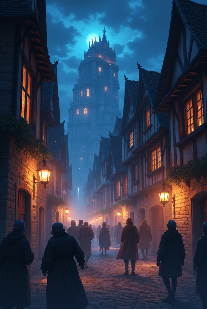 Background anime medieval fantasy city attacked by monsters in large numbers people panic animated people fear close windows of houses without a lock night of the torch without big monsters