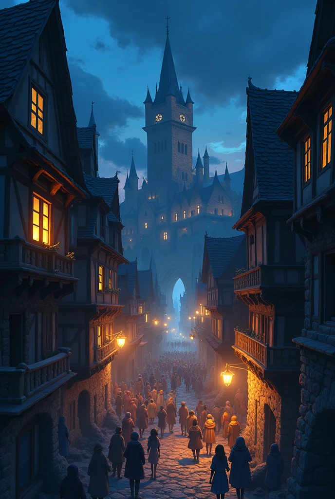 Background anime medieval fantasy city attacked by monsters in large numbers people panic animated people fear close windows of houses without a lock night of the torch without big monsters